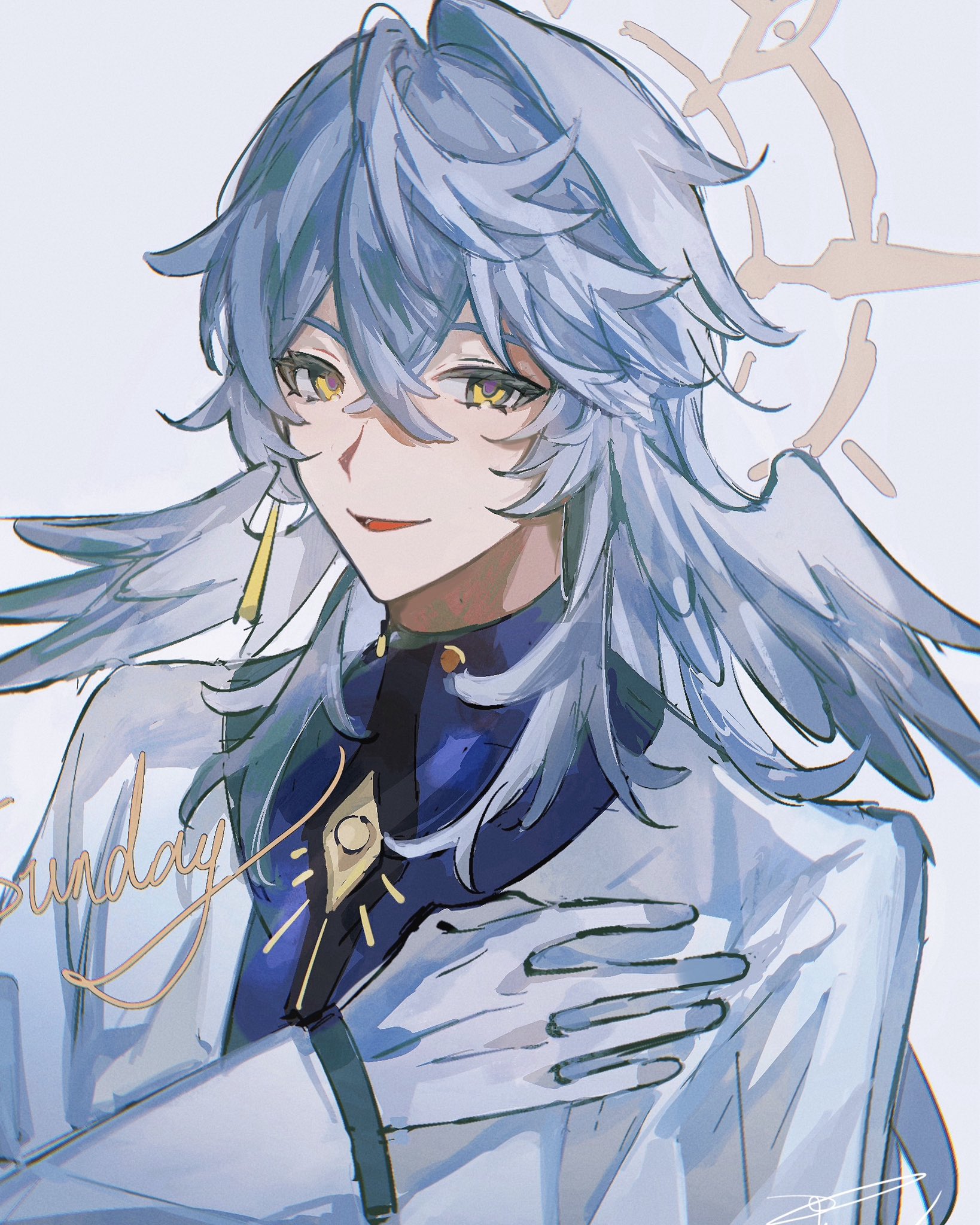 the image shows a digital illustration of a male anime character. he has long, flowing white hair, blue eyes, and a gentle smile. he is wearing a white jacket over a blue shirt with a gold emblem on it. his right hand rests on his chest. his hair is styled in a way that suggests he is an angel. he is standing in front of a halo and sun. the overall feel of the illustration is happy, warm, and gentle, with an aesthetic that suggests a sunny sunday morning.