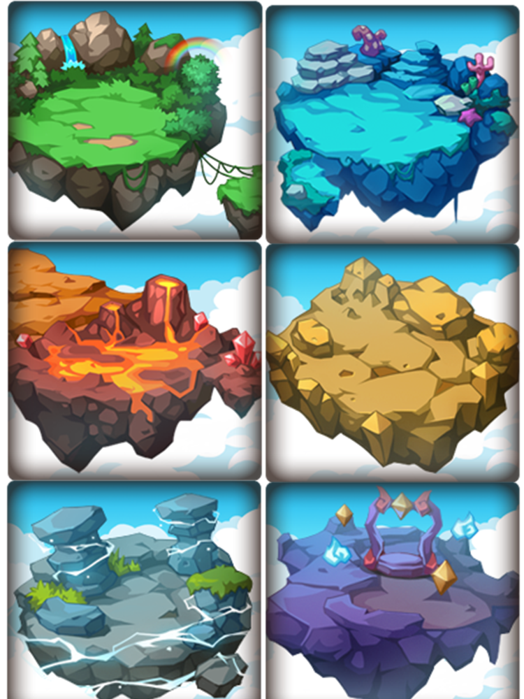 the image showcases six distinct floating island designs set against a backdrop of blue skies and fluffy clouds. each island boasts a unique theme and visual style.  there's a verdant green island with a waterfall and a rainbow. another island features a serene water body with coral formations. a volcanic island with flowing lava sits beside a rocky, desertlike island.  the final two islands include a craggy, gray island and a mystical purple island adorned with a portal.