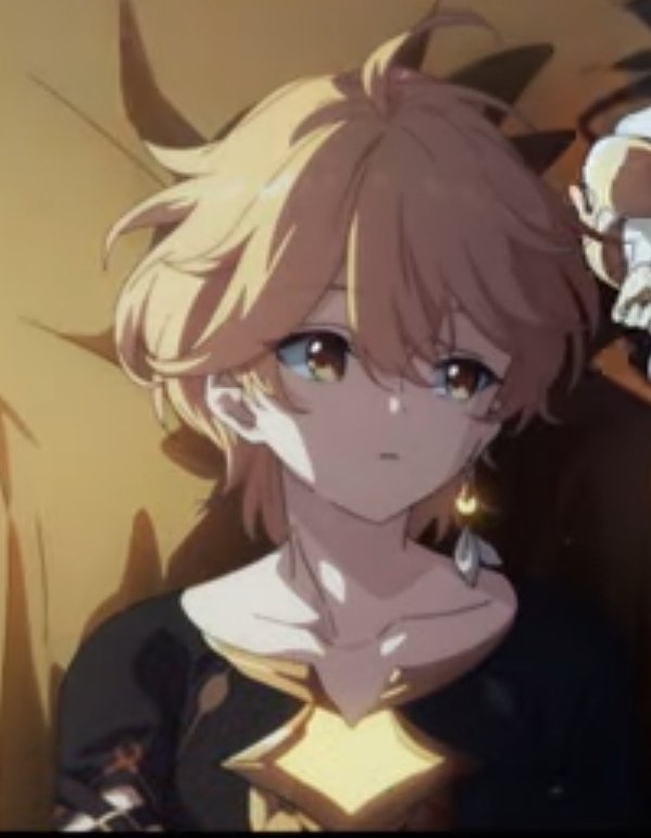 this image features a young anime character with golden hair, he is looking downwards with a sad expression on his face. he is wearing a black and gold necklace.  the background is a blurry yellow, suggesting a soft and dreamlike atmosphere. the image depicts a moment of sadness and introspection.