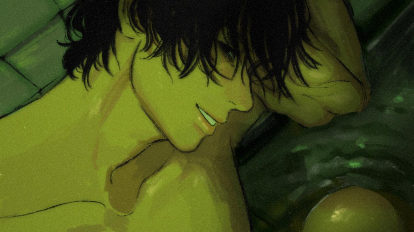 this is a close up digital drawing of a young man with dark hair. he is shirtless and laying down. the lighting is dim and green. it appears to be set in a bathroom, with green tiles