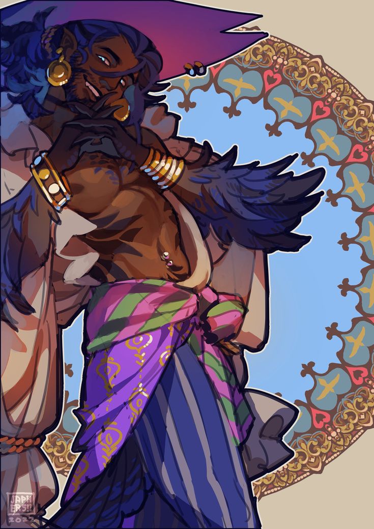 an illustration of a pirate character, a man with dark skin, wearing a large purple hat, a white shirt, black pants, and a brightly colored scarf around his waist.  he is standing, smiling, and his left hand is tucked underneath his chin. the image has a fantasy aesthetic with an ornate background.
