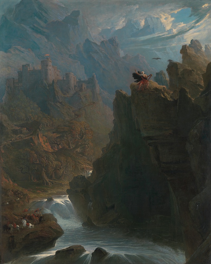 this is a romanticera painting depicting a dramatic mountainous landscape. dominating the background are towering mountain peaks, partially obscured by clouds. a medievalstyle castle perches on a distant hillside to the left. in the center of the frame, on a rocky precipice, stands a small figure draped in what appears to be a cloak. an eagle flies overhead. below the figure, a waterfall cascades into a river flowing through a deep chasm. a group of knights on horseback can be seen near the riverbank. the painting is characterized by a sense of grandeur, drama, and the sublime.