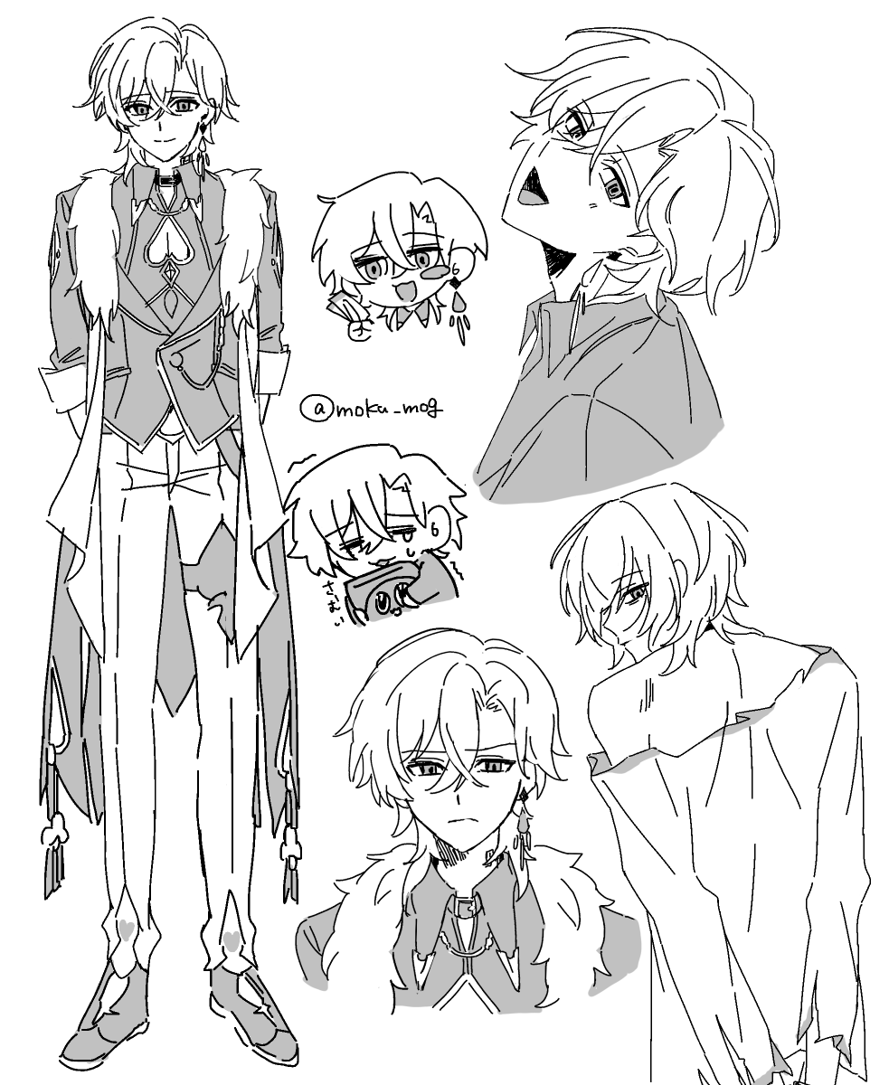 he image contains multiple sketches of an animestyle male character with white hair.  the sketches show the character in different poses and clothing styles, ranging from a formal suit with a long coat to more casual attire.  one sketch is a chibi version of the character. the style is loose and sketchy, done in grayscale. the sketches vary in detail and level of finish.  there's a watermark/signature visible.