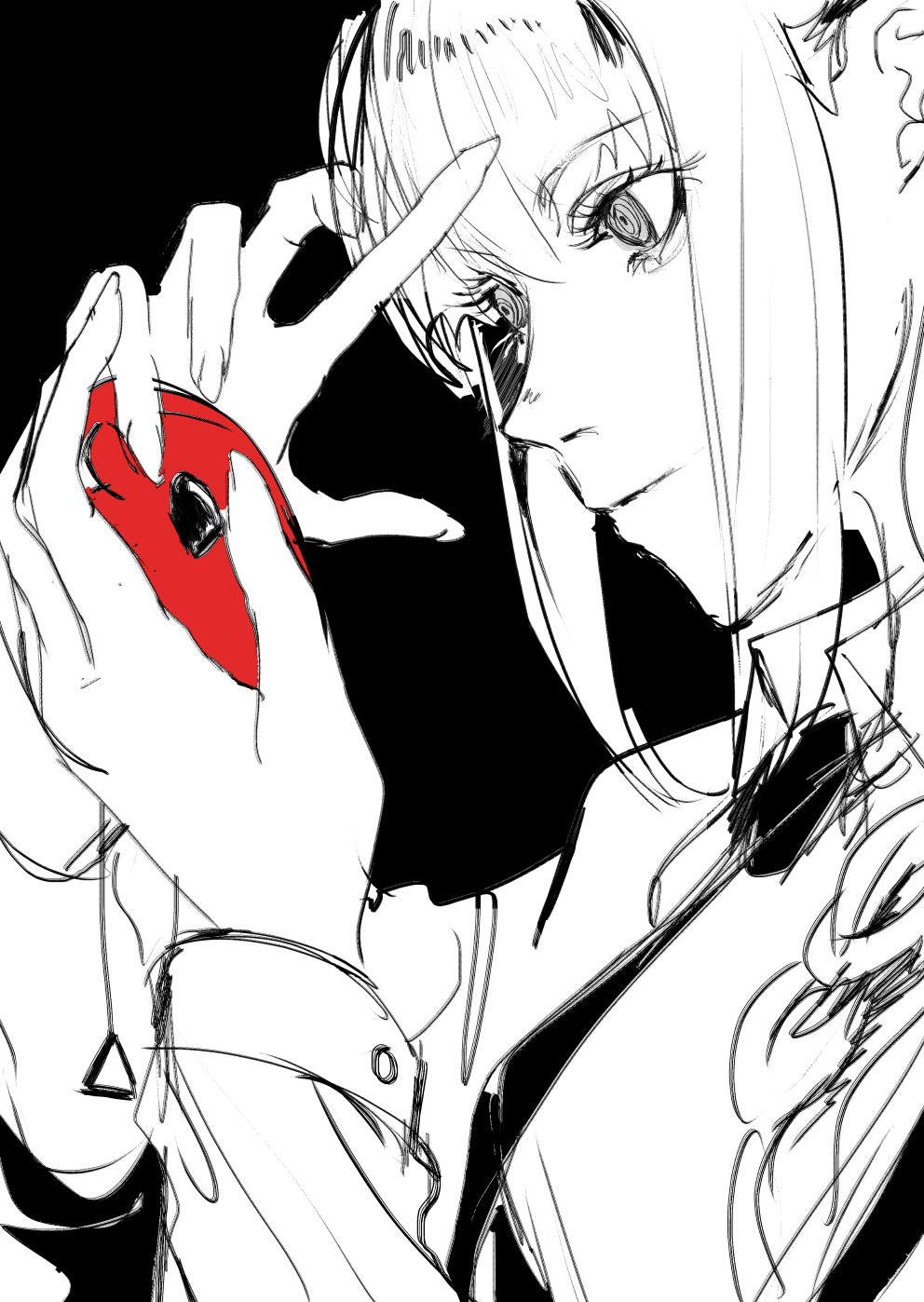 a black and white line art sketch of an anime girl with long hair. she is holding a red object in her hand. the girl is wearing a black and white outfit and has a serious expression on her face. the sketch is drawn in a dark and edgy style.