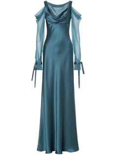a beautiful teal satin dress with a cowl neck, long sleeves, and a flowy maxi silhouette. the dress is perfect for a special occasion or evening event. the model is wearing the dress and it looks elegant and flattering.