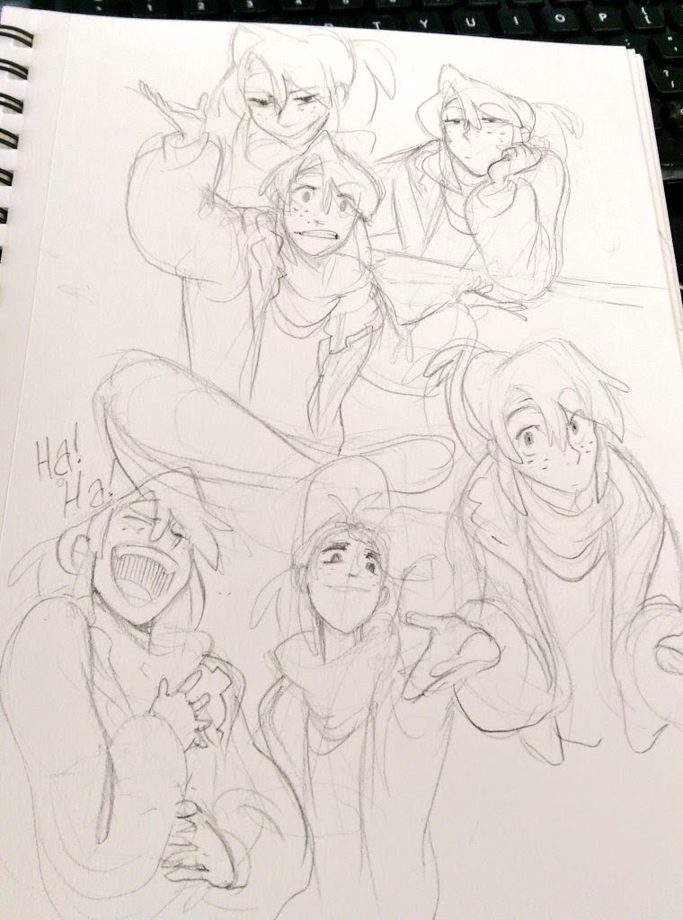 a pencil sketch of a group of five young girls who are drawn in various poses and expressions. they are all dressed in winter clothing and appear to be close friends. the sketch is done in a casual style with emphasis on the expressions on the faces. the girls are all laughing and some of them are making silly faces. the overall tone of the sketch is lighthearted and playful.