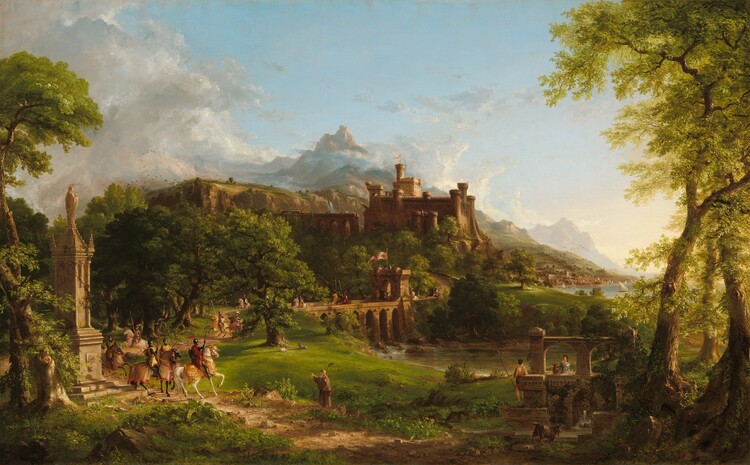 the image is a landscape painting featuring a large castle perched on a hill in the background. the foreground is filled with lush greenery, trees, and a winding river. several figures are depicted throughout the scene, including horse riders, people on a bridge, and others near a ruined structure with a statue. mountains rise in the distance under a blue sky with scattered clouds. the painting conveys a sense of tranquility and classical beauty.