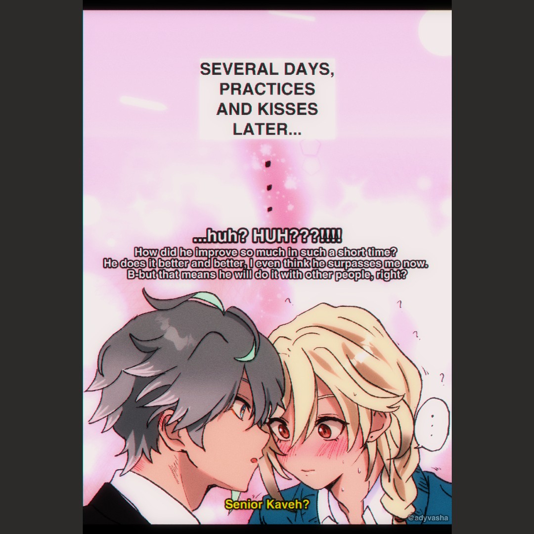 this is a drawing of two anime characters, a boy and a girl, who are about to kiss. they are both blushing and their expressions show that they are happy and excited.  the boy has gray hair and green eyes while the girl has blonde hair and red eyes. the