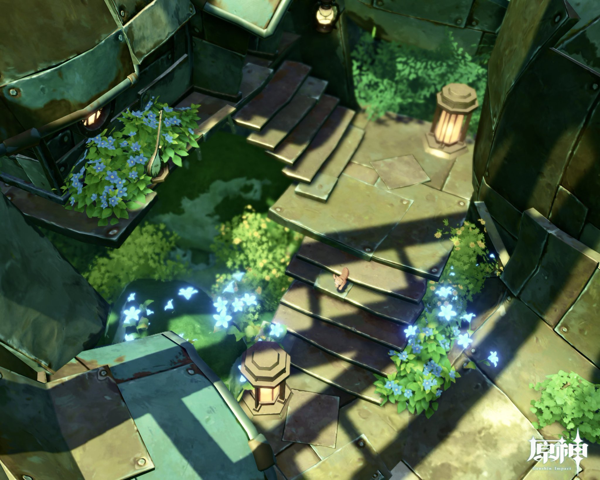 the image is a highquality 3d rendering, likely a screenshot from the video game genshin impact.  the perspective is isometric, showing a detailed environment of overgrown ruins.  metal structures, possibly remnants of a building or machine, are partially covered in lush green vegetation and patches of vibrant blue flowers.  stone stairs wind through the scene, connecting different levels.  lanterns provide soft lighting, and sunlight casts distinct shadows across the structures and plants. the overall atmosphere is serene and fantastical. a small, possibly animallike character, is visible near the center of the stairs. the genshin impact logo is faintly visible in the bottom right corner.