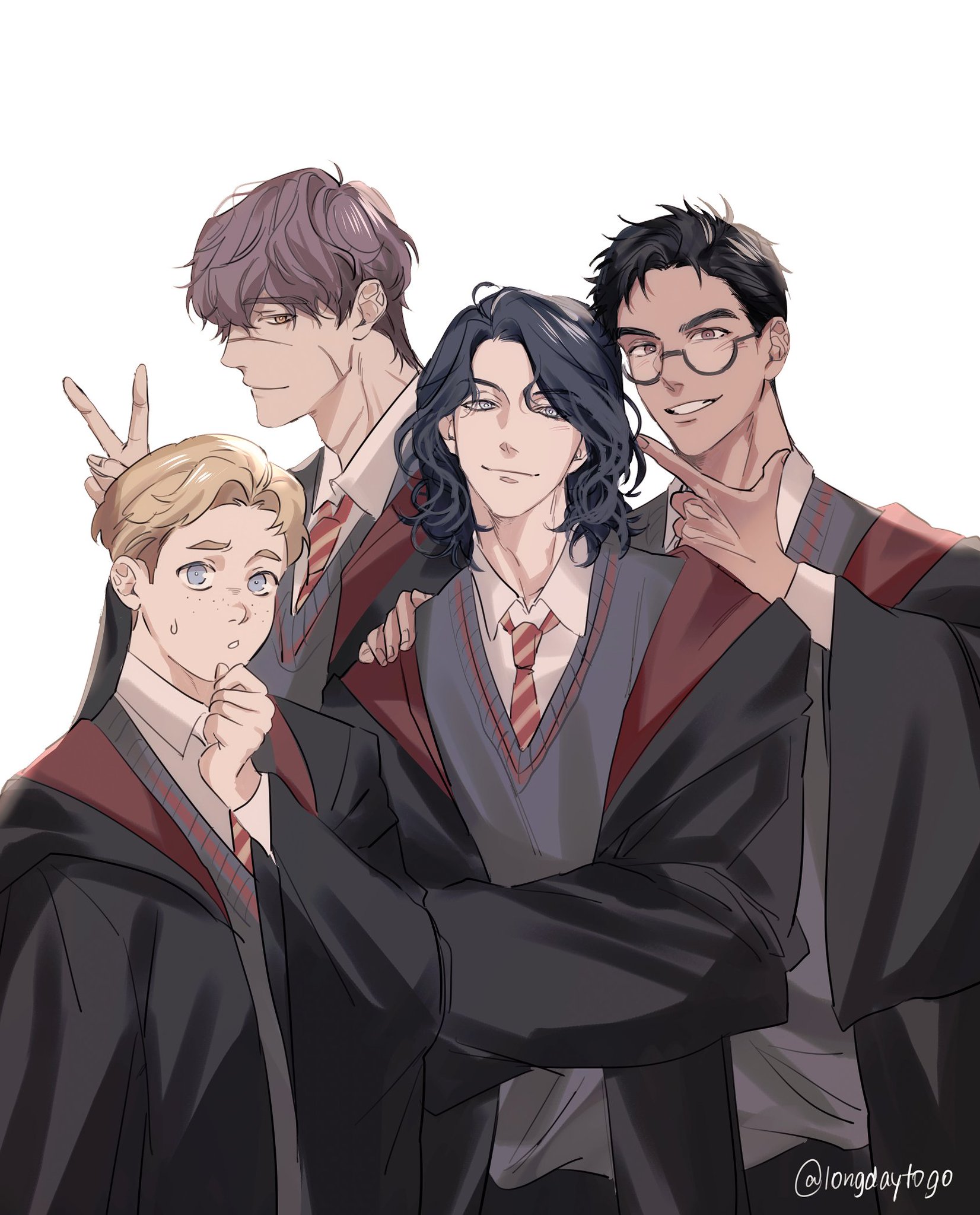 he image is a digital fan art drawing of four animestyle boys, possibly inspired by the harry potter universe, dressed in hogwartslike robes. they are posing closely together in a friendly manner, some with arms around each other's shoulders, creating a sense of camaraderie. the style is smooth and detailed, with soft shading and a focus on the characters' expressions and clothing. the background is plain, allowing the figures to stand out.