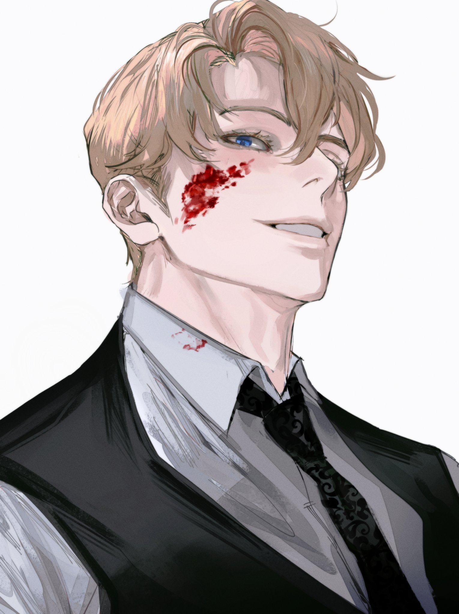 this is a digital illustration of a handsome anime man with blond hair and blue eyes. he is wearing a suit with a tie. he has a blood stain on his face and a faint blood stain on his neck, as if he was injured.  he has a sly, almost menacing expression on his face.