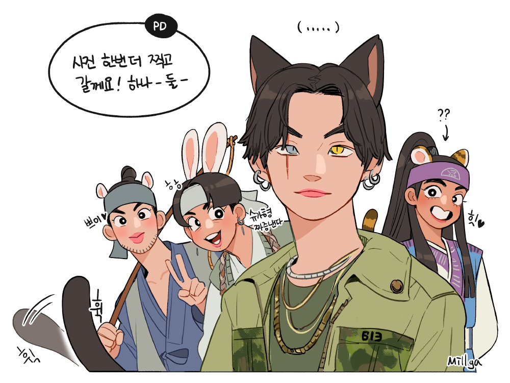 this is a cartoonstyle illustration featuring five characters. the character in the center has cat ears, and two different colored eyes. all of the characters are wearing a mix of modern and traditional clothing. there are speech bubbles with korean text in them. one of the speech bubbles has "pd" in it, which likely refers to a producer.