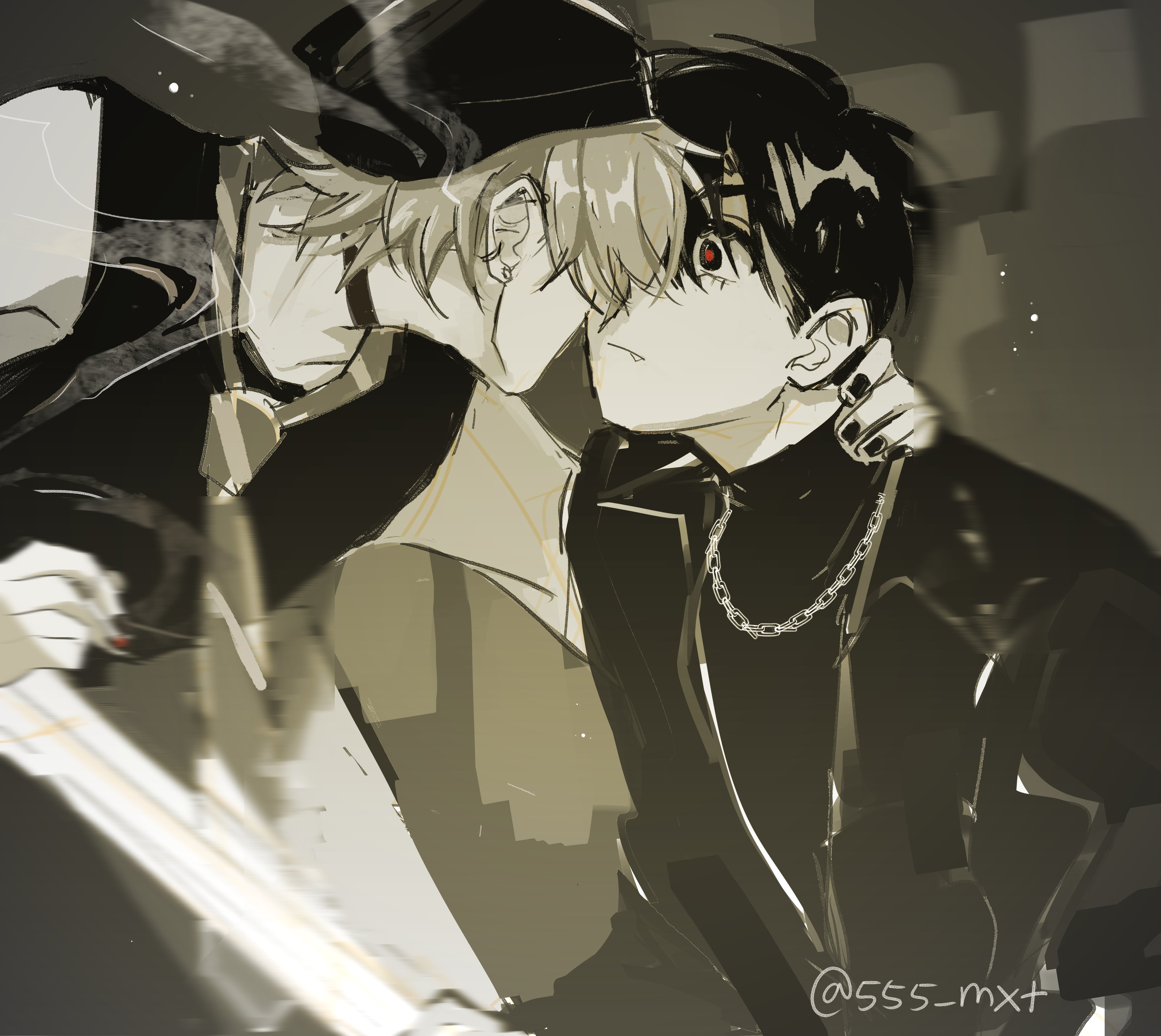 the image is an anime illustration of two young men standing close together, their faces touching. the man in the foreground has short, black hair and is wearing a black jacket with a silver chain. the man in the background has longer, blond hair and is wearing a black hat. the image is in black and white, creating a dark and mysterious atmosphere. the two men are looking at each other with affection, suggesting a romantic relationship.