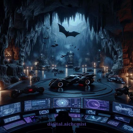 a futuristic batcave with a batmobile, computer monitors and multiple vehicles. the batcave is a dimly lit cave with iciclelike structures on the walls and ceiling. there are multiple screens displaying information. the batmobile is in the center of the image, surrounded by other vehicles. there are bats flying around the cave.