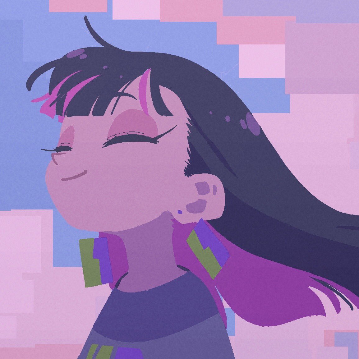 a cartoon illustration of a young woman with black hair, smiling with her eyes closed. her hair is blowing in the wind and she is wearing large, colorful earrings. the background is abstract and pixelated in shades of pink and purple.