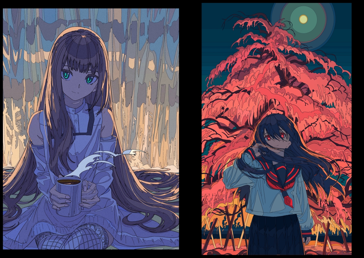 he image is a diptych featuring two animestyle illustrations of young women.  the left panel depicts a girl with long brown hair and green eyes, dressed in a light purple offtheshoulder dress and fishnet stockings, holding a mug of coffee in a setting resembling a sunlit room with sheer curtains. the style is soft and somewhat dreamy. the right panel shows a girl with long black hair and red eyes, wearing a sailorstyle school uniform, standing in front of a large, vibrant red tree under a night sky with a moon. this panel has a more dramatic and intense atmosphere. both panels display a distinct artistic style characterized by clean lines, bold colors, and a focus on expressive character design and evocative backgrounds.