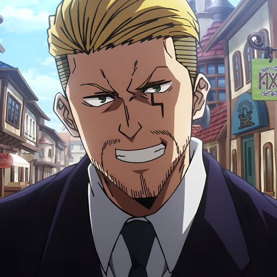 the image shows a closeup portrait of an anime man with blonde hair and a goatee. he has a prominent scar under his left eye and a confident grin on his face. he is wearing a black suit and tie and appears to be standing on a city street with colorful buildings in the background. the lighting is bright and sunny.