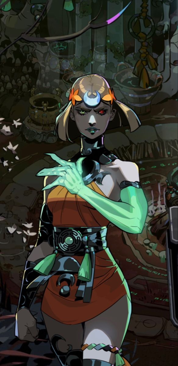 he image showcases a meticulously detailed digital artwork of a female character, possibly from a video game or anime. she possesses a striking visual style, blending fantasy and mystical elements.  the character's design is intricate, with an orange and green color scheme dominating her attire. a crescent moon adorns her forehead, hinting at her magical abilities. her expression is serious and confident, conveying strength and power.  the background features a dark, atmospheric setting that enhances the overall mysterious and enchanting ambiance. the character's pose and the overall composition emphasize her importance and captivating presence.