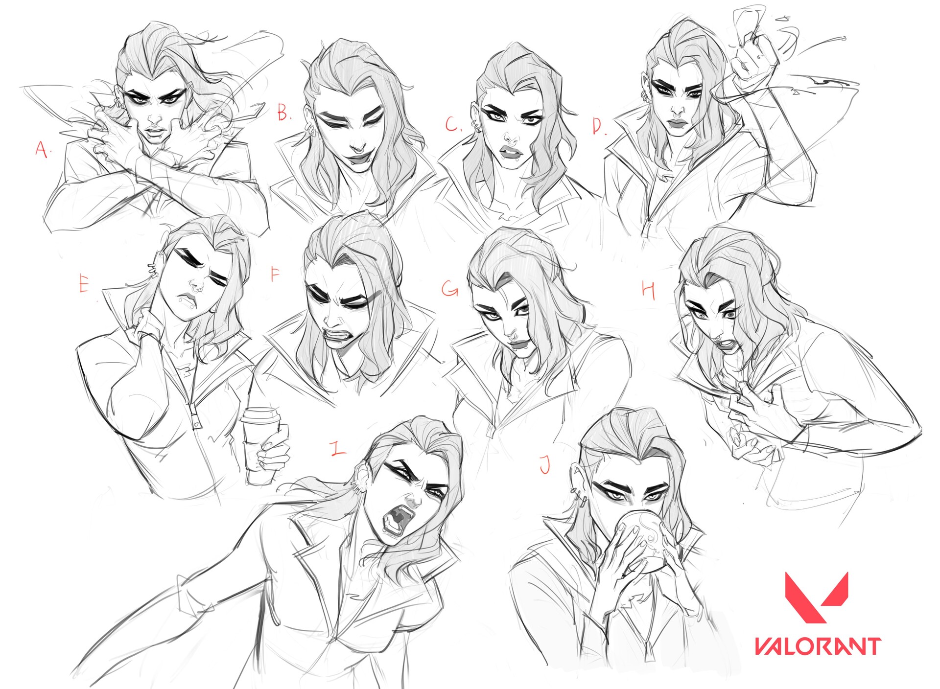 the image contains a collection of ten pencil sketches depicting various facial expressions and poses of a female character, possibly for a video game. each sketch is labeled with a letter (aj). the style is dynamic and expressive, suggesting the work is concept art for animation or a video game. the sketches focus on conveying different emotions through the character's face and body language. a valorant logo is present in the bottom right corner suggesting the character is from that game.  the overall tone is informal, conveying a sense of exploration and experimentation in character development.