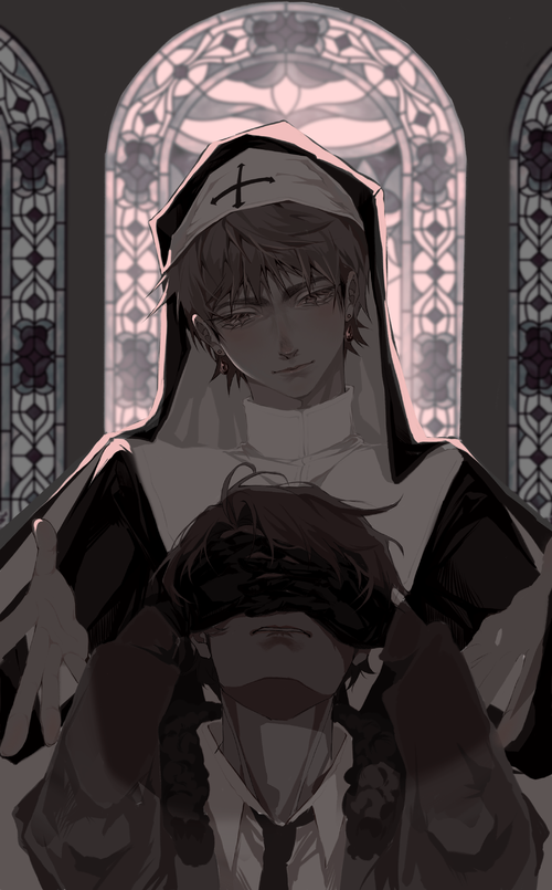 the image features a scene from an anime or manga depicting two characters. the character in the foreground is blindfolded and dressed in a suit, possibly a priest or a member of a religious order. the character in the background is dressed in a nun's habit, with a cross on her forehead and a serious expression. the scene is set in a dark, gothic environment with stained glass windows in the background. the image has a mysterious and intriguing vibe, suggesting a story of secrets, forbidden love or perhaps religious conflict. the detailed art style gives the characters a realistic appearance and further enhances the ominous atmosphere of the scene.