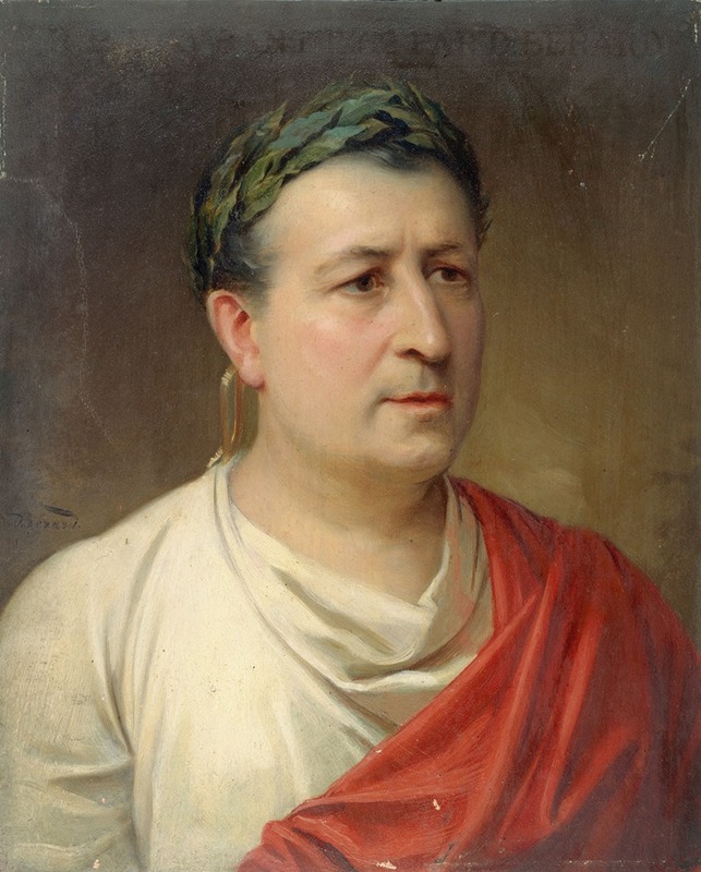 this is a portrait painting of a man dressed in a toga and wearing a laurel wreath. he is likely a historical figure from ancient rome, possibly julius caesar or augustus. the painting is done in a classical style with realistic details and a muted color palette. the man has a serious expression on his face and is looking slightly off to the side. the background is a dark, neutral color that helps to emphasize the man's features.