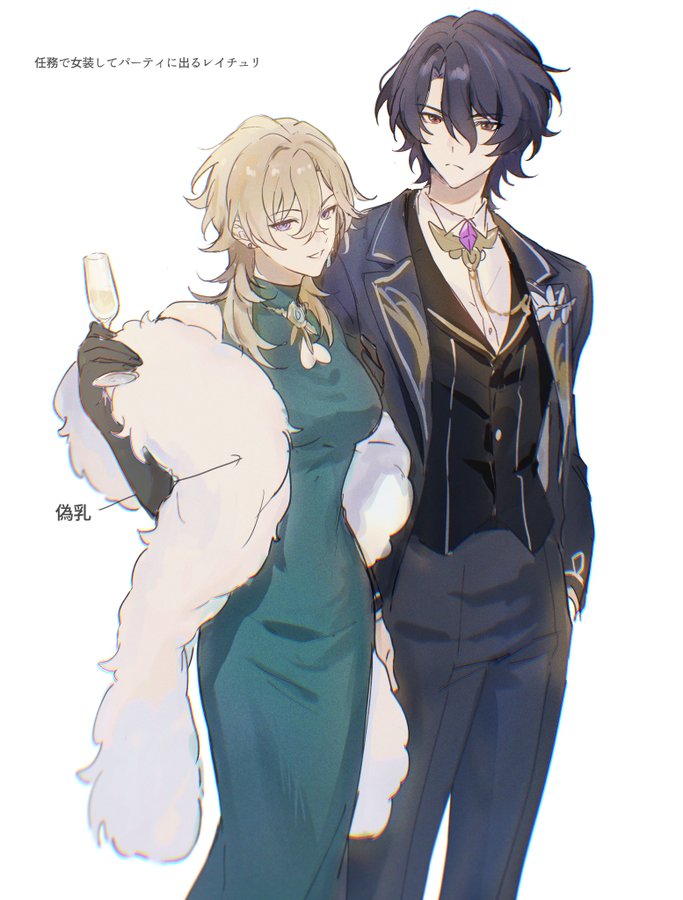 this is a digital illustration of an anime couple.  the man has black hair and is wearing a black suit, a white shirt, a tie, and a necklace.  he is standing to the right of the woman.  the woman has blonde hair and is wearing a green dress with a white fur shawl.  she is holding a champagne glass.  they appear to be on a date.