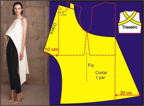 the image shows a fashion design layout with a woman modeling the designed blouse and pants. on the right side of the image, there is a bright yellow diagram showing the pattern of the blouse with various measurements and instructions. the pattern indicates how the fabric should be cut and folded. there is also a smaller pattern piece labeled "traseiro" (likely meaning "back" in portuguese) and an image to show what the pattern is for. the left side shows a woman wearing the finished design: a white, asymmetrical blouse paired with black pants.