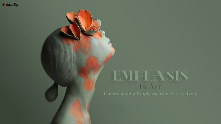 a closeup image of a woman with flowers covering her eyes. she has a green painted background and her skin is painted with peach accents, making her look abstract. the text "emphasis in art understanding emphasis from artist's lens" is placed at the bottom of the image.
