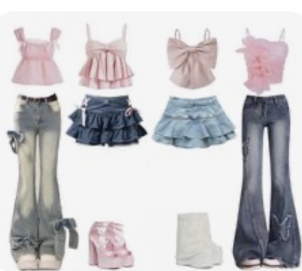 the image shows a flat lay of seven different y2kinspired outfits. the outfits feature a mix of pastel colors, denim, and feminine details. the outfits include crop tops, mini skirts, lowrise jeans, and platform shoes.