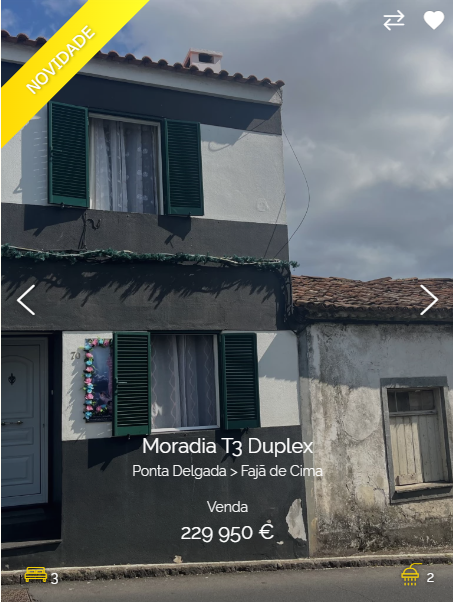 a photo of a newly renovated house for sale. the house is a twostory building with a tiled roof and modern front facade. it has green shutters, a grey wall, and a white door. the image features a sign with the price of the house, which is 229 950 euros.