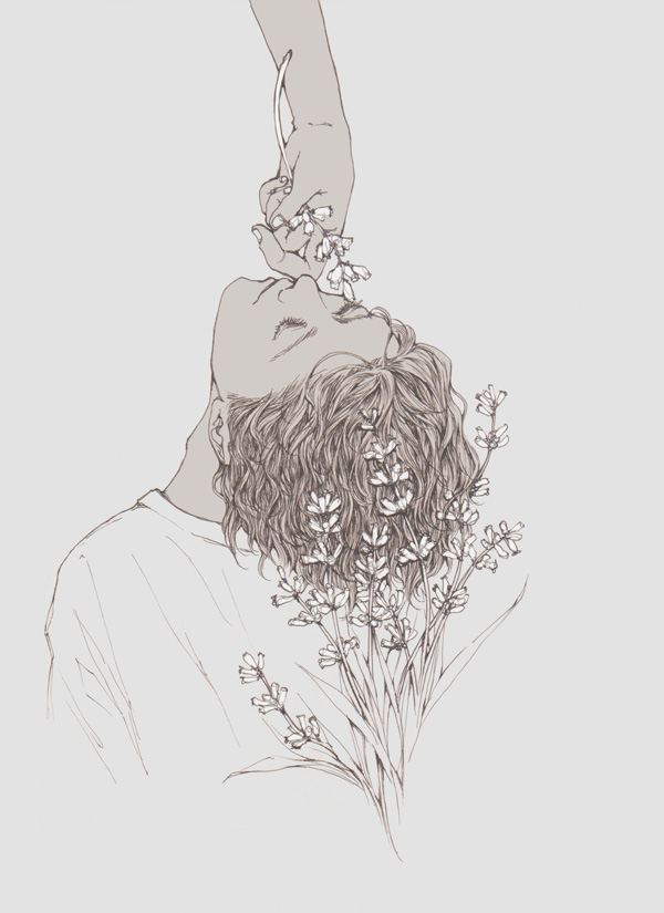 a woman with lavender growing from her hair tilts her head back as a hand reaches down to offer her a small sprig of flowers. the image is a delicate sketch done primarily in shades of brown and grey.