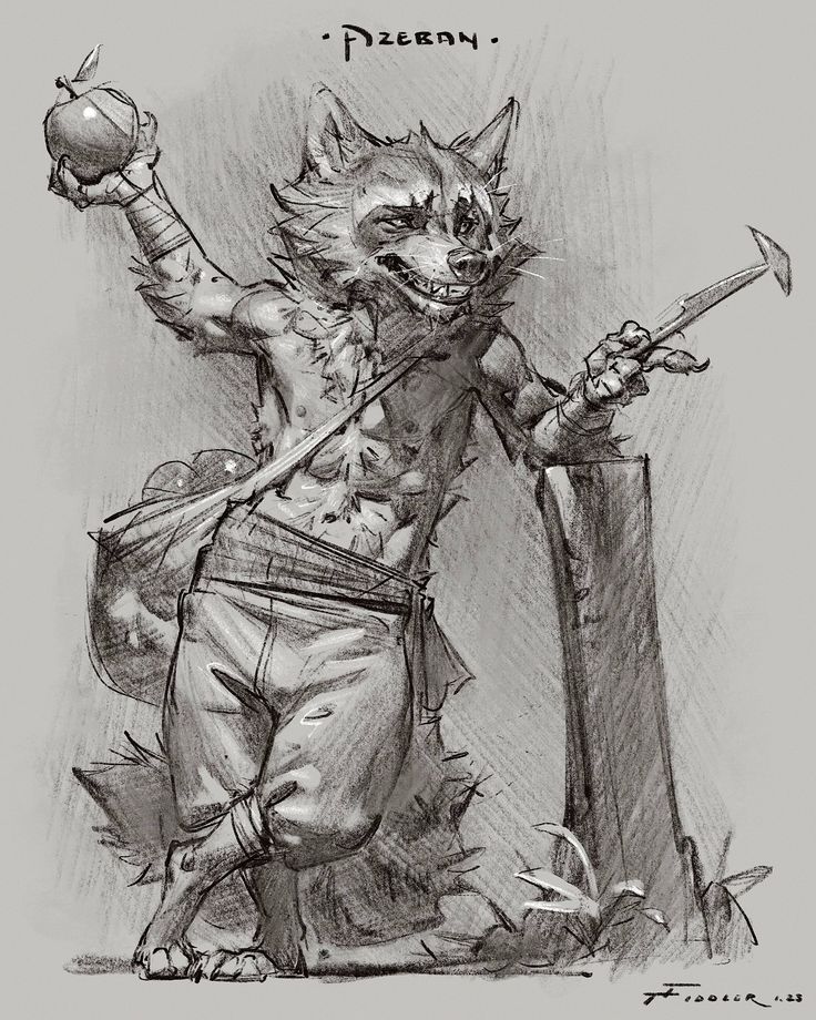 a pencil drawing of a furry creature with a wolflike head, human body, and a mischievous grin. they have a band around their waist and hold a small apple in their hand. behind them is a tall pillar like structure, with a bit of greenery in the foreground. the creature is facing towards the right, and it appears to be smiling slyly. the drawing is a simple, yet detailed sketch.