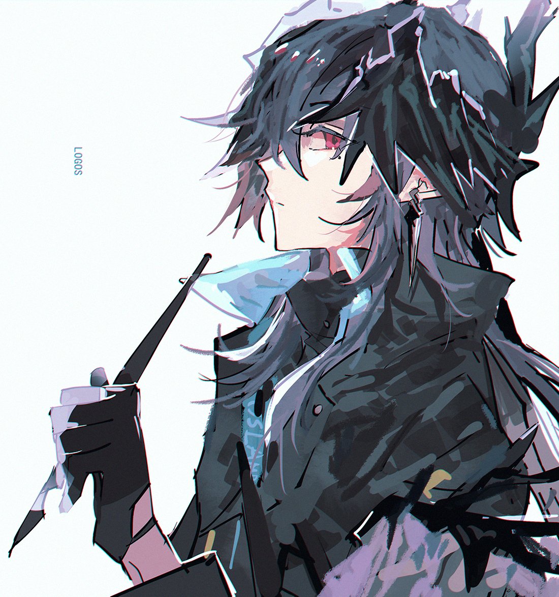 an anime character with black hair and red eyes is seen from the side profile. he has long hair, sharp eyes and is wearing black gloves and a black coat. the background is white. the character appears to be holding a weapon.