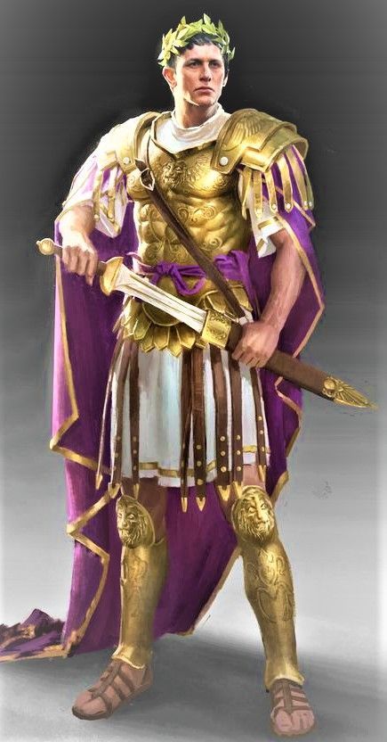 the image is a digital painting depicting a roman emperor or highranking military officer. he is clad in elaborate gold armour, a purple toga, and a laurel wreath. he holds a gladius (roman short sword). his armour is highly detailed and features lion heads on the greaves (leg armour). the style of the artwork is reminiscent of fantasy art, but with clear historical roman influences in the clothing and weaponry. the overall impression is one of power, authority, and majesty. the background is a muted grey, drawing focus to the figure in the foreground.