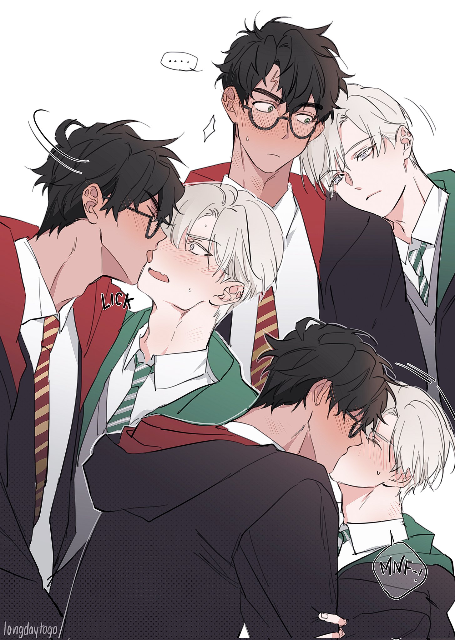 the image is a digital drawing, likely fanart, depicting several pairs of young men in what appears to be a harry potterinspired setting.  the style is anime/manga, with expressive features and a focus on romantic interactions.  several pairs are shown kissing or in close embraces. the characters are dressed in stylized versions of hogwarts school uniforms, suggesting affiliations with gryffindor and slytherin houses. the overall tone is lighthearted and romantic, with a focus on the close relationships between the characters. the artist's signature, "longdaytogo," is visible in the bottom left corner.