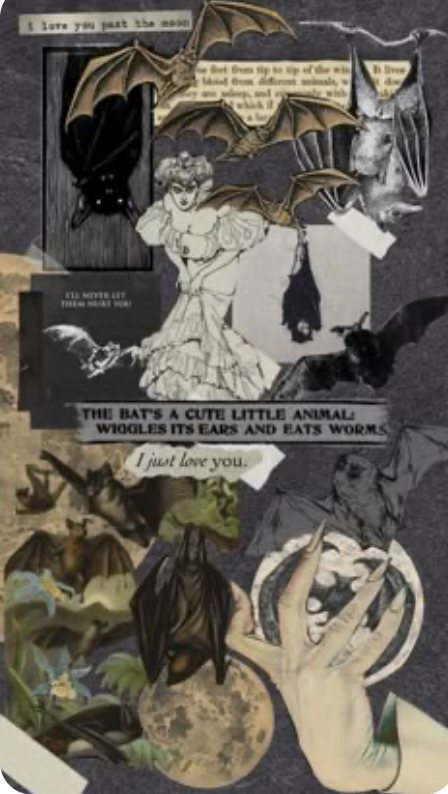 the image is a dark, romantic collage featuring various illustrations and images of bats.  a central image shows a woman in a victorianstyle dress. bats are depicted in different styles, some realistically, others more cartoonishly cute.  the overall aesthetic is gothic and whimsical, with textures of paper and possibly other materials creating a mixed media effect.  the color palette is dark, with grays, blacks, and muted tones.  fragments of text are visible, adding to the collage's storytelling elements. a hand with long nails is also prominently featured.  the moon is seen in the background, adding to the nighttime/gothic feel.