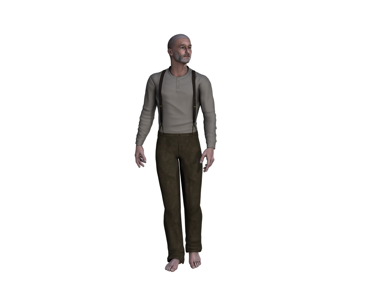 a digital art image shows an older man standing barefoot against a black background. he is wearing a grey, longsleeved shirt, brown pants, and brown suspenders. the man has grey hair and a beard, and he is looking up and to the side.