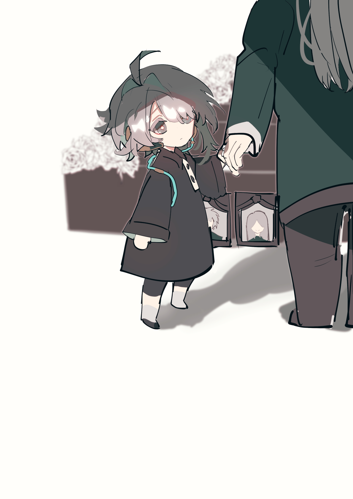 a short anime character with grey hair in black clothing is holding onto the hand of a taller adult anime character in a green and black outfit as they walk away from a memorial. the image is somber and suggests a feeling of loss or mourning. the character is shown to be sad, but the adult is comforting and supporting them. the scene could take place at a cemetery or a funeral.