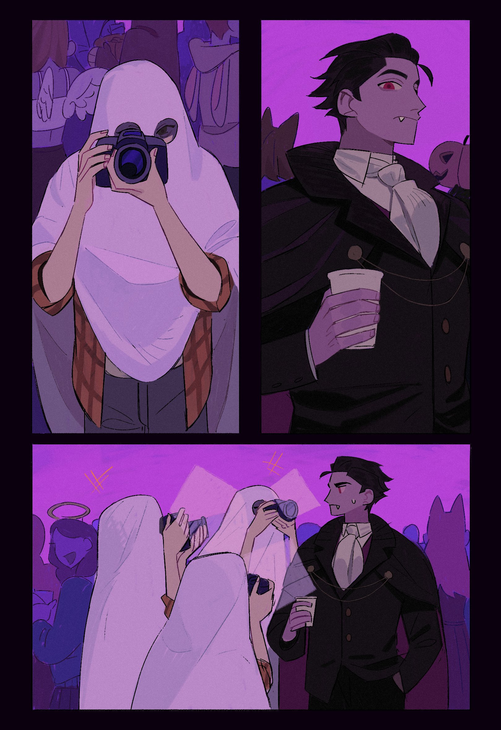 this is a comic strip set at a halloween party. there are four panels. the first panel shows a ghost holding a camera. the second panel shows a vampire holding a drink. the third panel shows two ghosts holding cameras. the fourth panel shows the vampire with a drink and the two ghosts looking at him. all the characters are dressed up for halloween. the background is purple.
