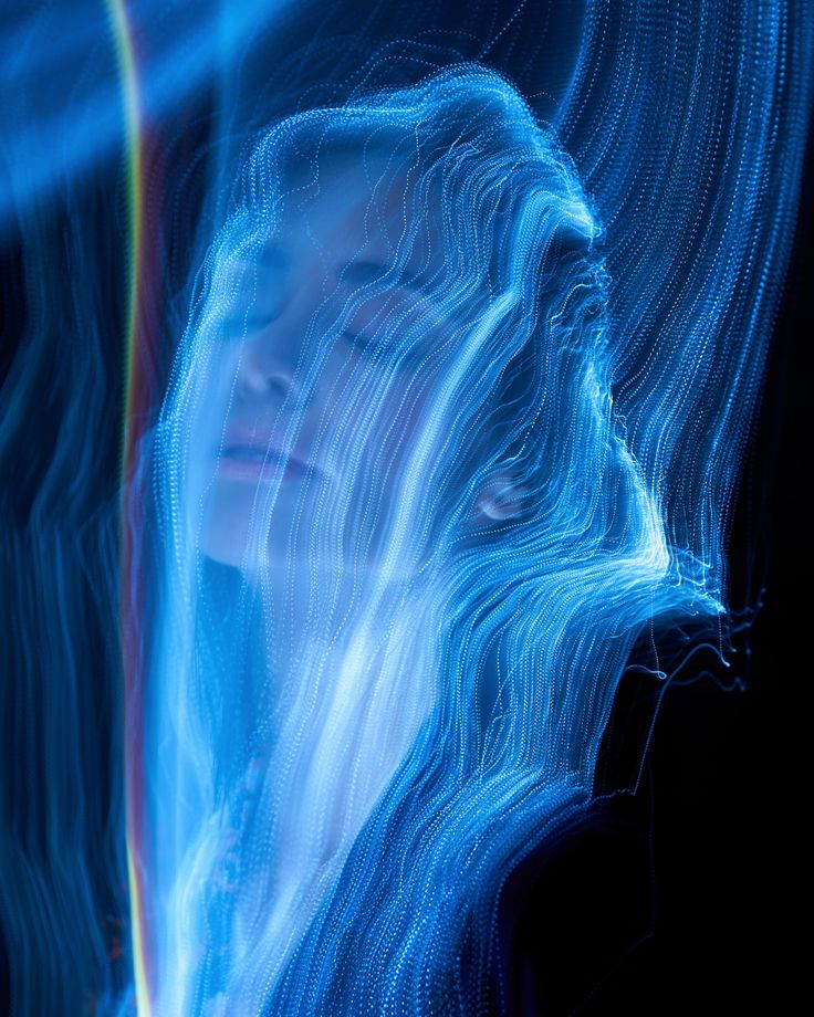 the image is a stunning example of light painting photography. a woman's face is subtly visible through a vibrant, abstract display of blue light trails. the light creates a flowing, almost ethereal effect, making the woman appear dreamlike and mystical. the dark background enhances the vibrancy of the blue light, making the image feel both modern and surreal. the overall effect is one of beauty and artistic expression, capturing a unique and captivating moment.