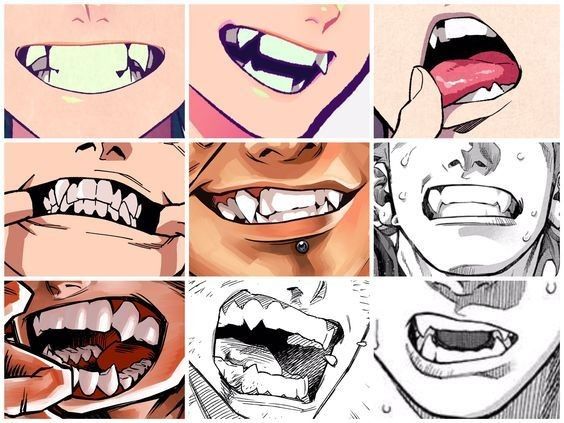 this image shows various styles of anime and manga characters with fangs. they all have different expressions, from a slight grin to an openmouthed growl, and their fang designs are also varied. each style captures a different mood and aesthetic, demonstrating the flexibility of the art form.