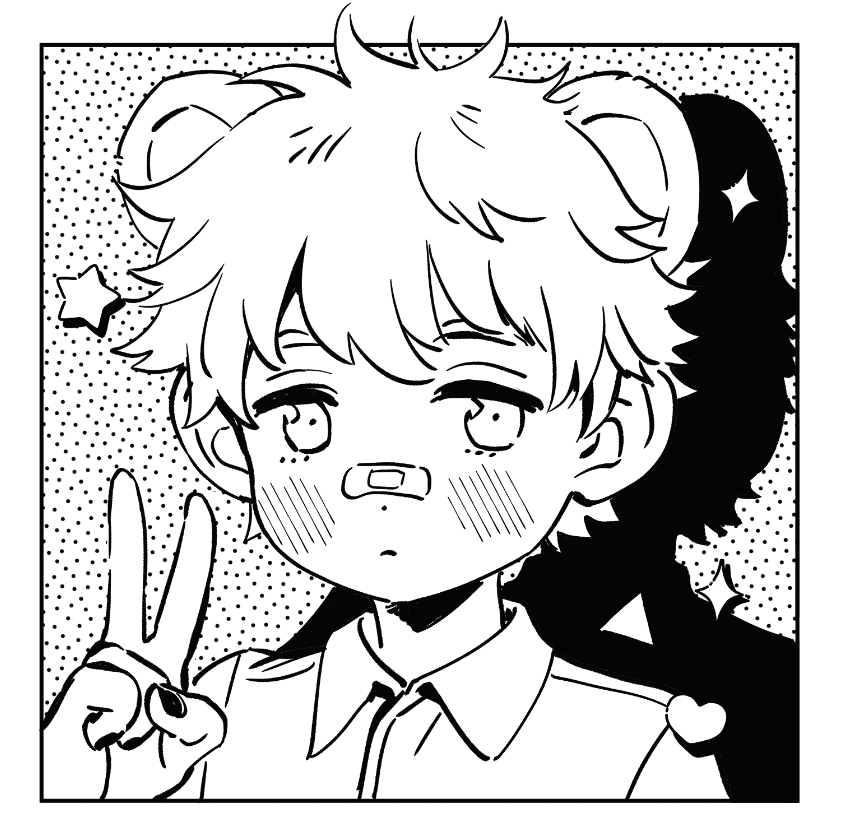 a black and white illustration of an anime boy with a cute and happy expression. he is wearing a collared shirt and has his hand up in a peace sign. he has a heart next to him, and there are stars behind him. the background is made up of black and white dots.