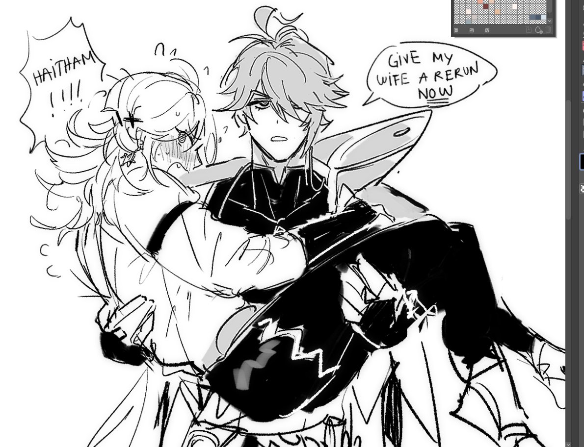 this is a black and white sketch of two anime characters from the popular game genshin impact, alhaitham and a female character that looks like a version of haitham. the male character is holding the female character bridal style, smiling. the female character is blushing. the male character is saying "give my wife a rerun now" in a speech bubble above his head. the female character is saying "haitham!!!" in a speech bubble above her head.