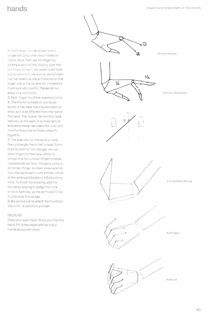 this image shows a drawing tutorial of hands. it contains sketches of hands in various stages, from basic shapes to more detailed renderings. the sketches are accompanied by text explaining the proportions and construction of the hand, along with notes on common mistakes and how to avoid them. there's also an exercise encouraging the viewer to draw their own hand and a friend's hand to practice.