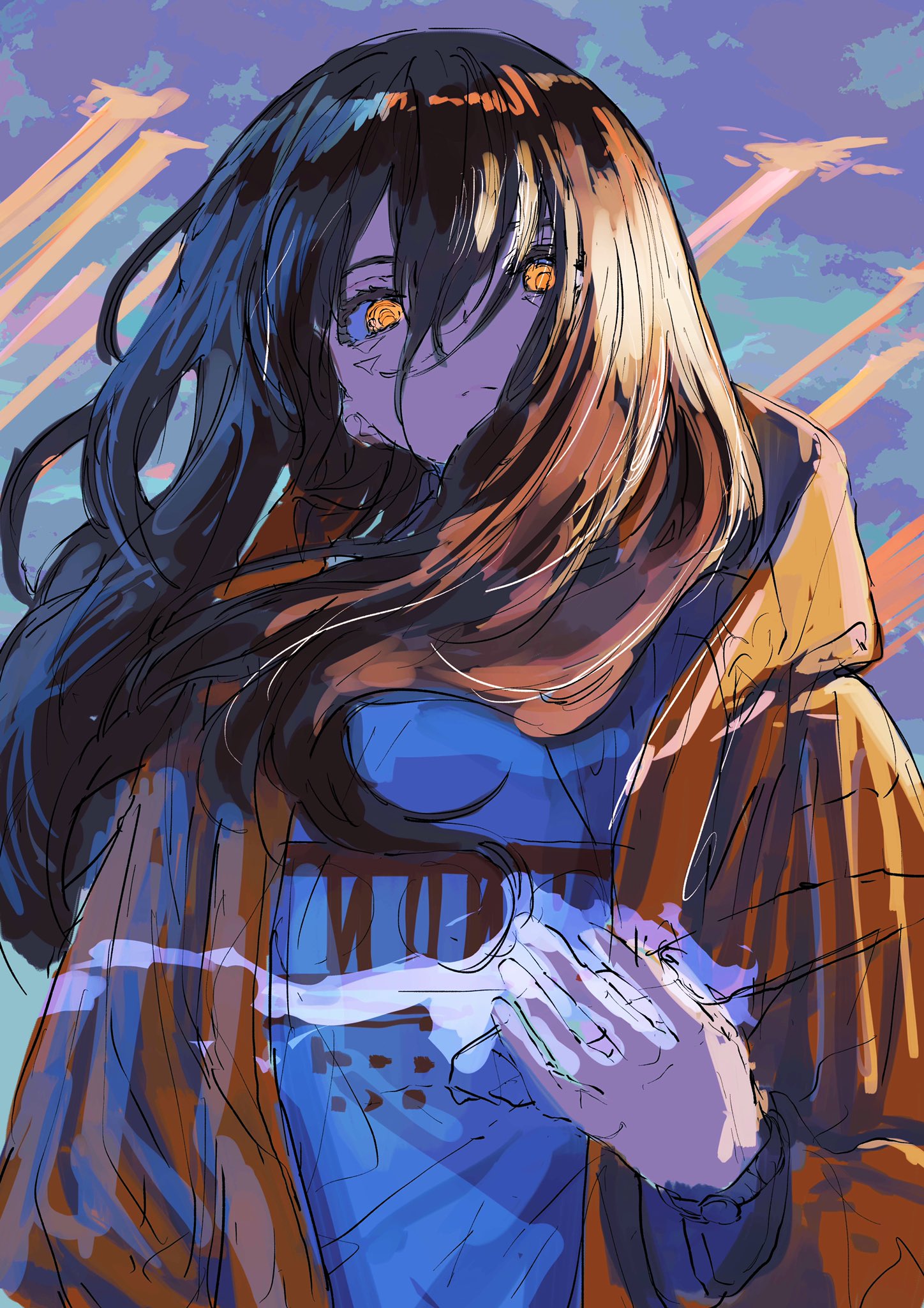 the image is a digital painting or illustration of an animestyle girl. she has long, dark hair that is blowing in the wind. she is wearing an orange jacket over a blue shirt. her eyes are a striking golden color.  the background features a stylized sunset sky with streaks of orange and purple. the overall style is painterly and somewhat abstract, with visible brushstrokes and a slightly hazy atmosphere. the girl's expression is somewhat enigmatic and serious.  her hand is visible near her chest, and she appears to be wearing a ring.  the overall feel is atmospheric and evocative.