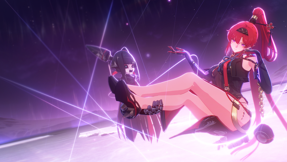 two female anime characters are engaged in combat. the character in the foreground is wearing a black and red outfit with her weapon resting on the other character. the background character is dressed in black and purple. they are surrounded by glowing pink and purple energy effects. the background is a dark, starry sky with a snowy landscape in the distance.