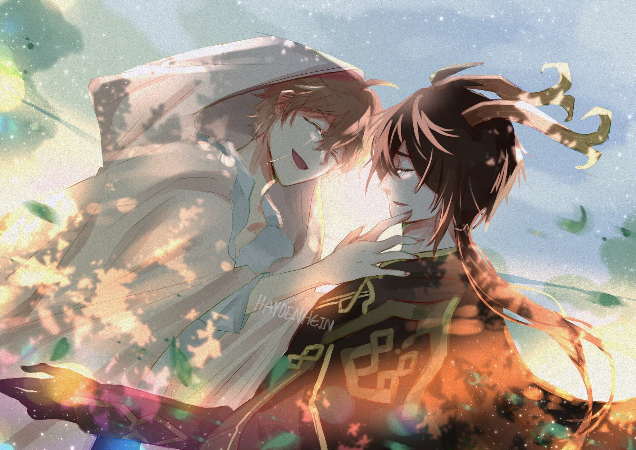 the image depicts a heartwarming scene between two anime characters, a boy with long brown hair wearing a red and gold kimono and another boy with blonde hair wearing a white robe. they are embracing each other with gentle smiles, and the soft light of the sun shines on their faces.  the background is a soft, dreamlike landscape with green leaves and a bright sky, adding to the peaceful and loving atmosphere. the overall feeling is one of tenderness, connection, and happiness.
