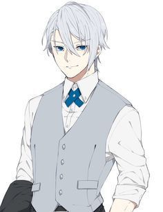 a digital drawing of a young man with white hair and blue eyes. he is wearing a white shirt, a gray vest, and a blue bow tie. he has a neutral expression on his face. the background is white. the art style appears to be anime or manga.