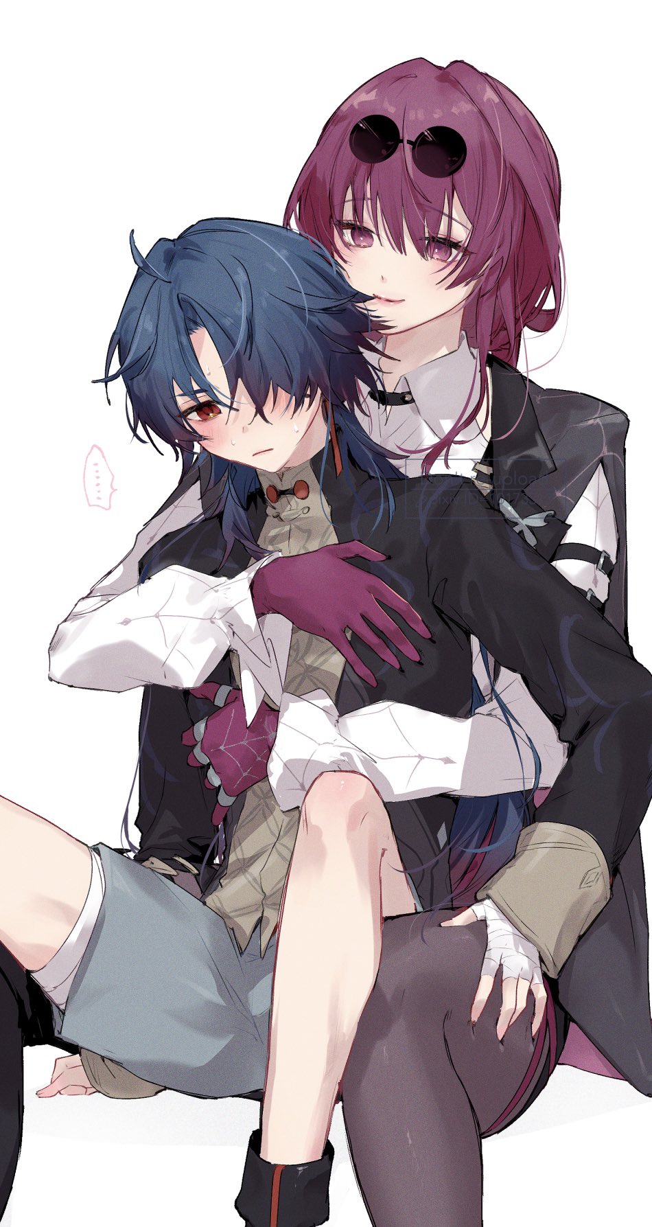 the image depicts a couple of women, both animestyled, sitting together and hugging. the woman on the left has blue hair and is wearing a casual outfit with white and gray colors. her hair is tied up in a ponytail, and she is looking at the camera with a slight smile. the woman on the right has pink hair and is wearing a more formal outfit with black and white colors. she is leaning in towards the left woman, who is holding her arm, and she has her eyes closed in a serene look. the woman on the right is wearing sunglasses.  the image is a lighthearted and romantic depiction of love between two women.