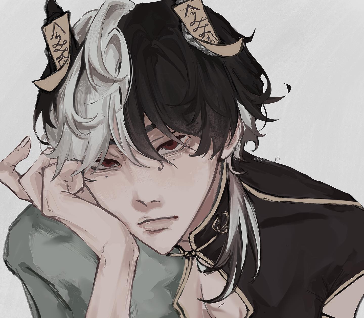 a digital illustration of a young male anime character, looking thoughtful, with black hair on one side of his head and white hair on the other. he has horns with intricate designs and an earring in his left ear. he is wearing a black and gold collar detailed jacket, with a necklace hanging just below his collar. he has his hand resting on his chin and his eyes are looking down towards the bottom left corner of the image. the background is a light grey color.